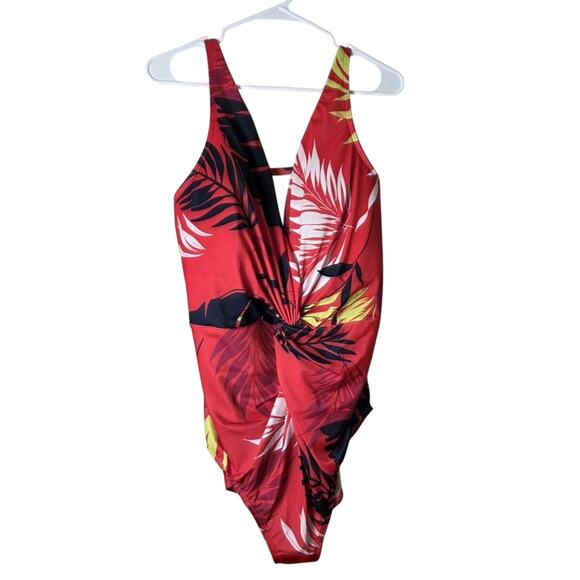 Swim By Cacique 1 Piece Swimsuit Plus Size 22 Red Green Floral Tummy Twist - Picture 1 of 4